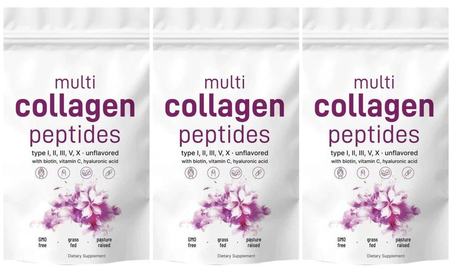 Multi Collagen Peptides Powder - Hydrolyzed Protein Peptides (Type I,II,III,V,X) with Hyaluronic Acid, Biotin & Vitamin C Unflavored 1lb (454g)