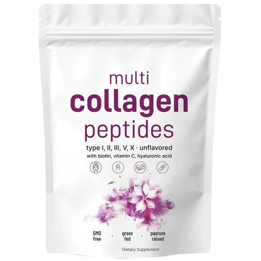 Multi Collagen Peptides Powder - Hydrolyzed Protein Peptides (Type I,II,III,V,X) with Hyaluronic Acid, Biotin & Vitamin C Unflavored 1lb (454g)