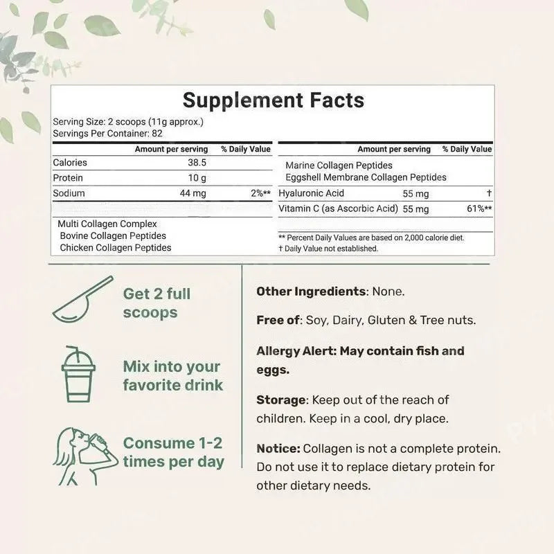 Multi Collagen Peptides Powder - Hydrolyzed Protein Peptides (Type I,II,III,V,X) with Hyaluronic Acid, Biotin & Vitamin C Unflavored 1lb (454g)