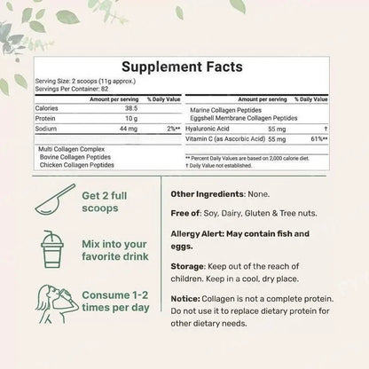 Multi Collagen Peptides Powder - Hydrolyzed Protein Peptides (Type I,II,III,V,X) with Hyaluronic Acid, Biotin & Vitamin C Unflavored 1lb (454g)